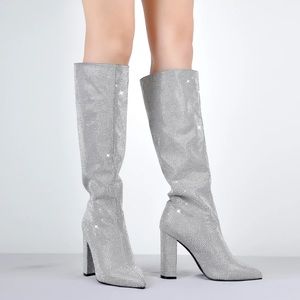 NWOT Chrome Silver Rhinestone Chunky Heel Boots